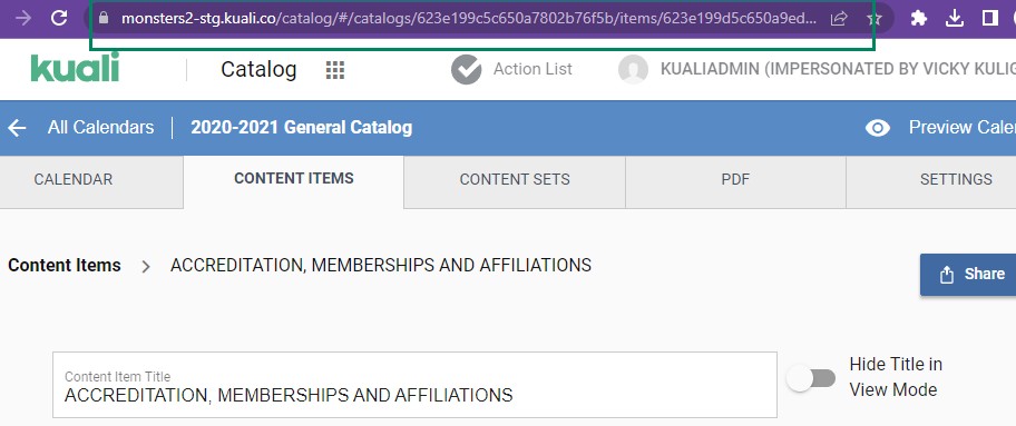 Screenshot of URL for content items