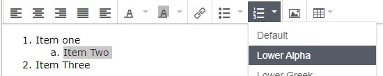 Screenshot of the Ordered List options