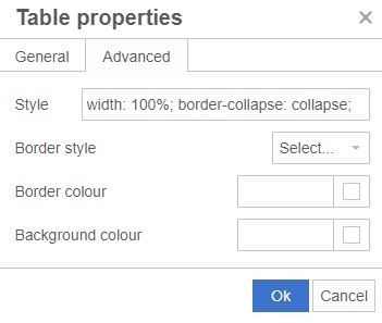 Screenshot of the table properties