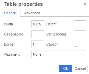 Screenshot of the table properties