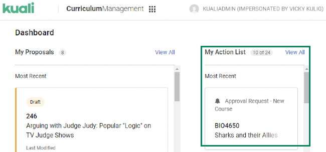 Screenshot of Action List on Dashboard