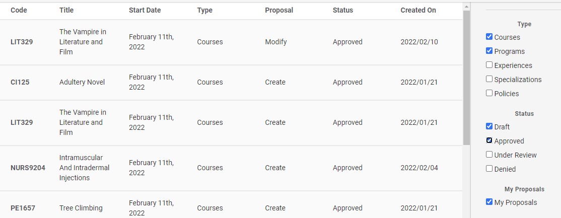 Screenshot of search page for proposals