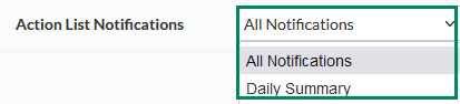Screenshot of editing the Action List Notifications selection
